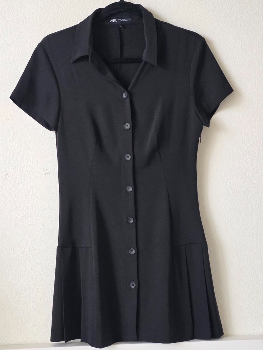 Zara Black Short-Sleeve Button Dress with Pleated Hem